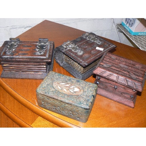 165 - 4 X HIGHLY CARVED WOODEN BOXES, POSSIBLY FRUIT WOOD, VERY RUSTIC. 2 ARE IN THE FORM OF BOOKS WITH ME... 