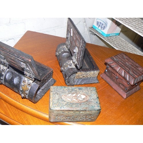 165 - 4 X HIGHLY CARVED WOODEN BOXES, POSSIBLY FRUIT WOOD, VERY RUSTIC. 2 ARE IN THE FORM OF BOOKS WITH ME... 