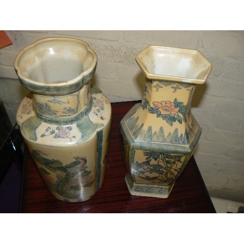 169 - 2 TALL CHINESE STYLE CASES IN MATCHING COLOURS, WITH BIRD, FLOWER DETAIL