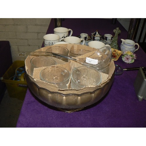 185 - RETRO FROSTED GLASS PUNCH-BOWL WITH CUPS AND LADLE.