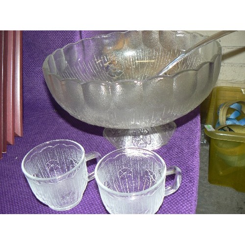 185 - RETRO FROSTED GLASS PUNCH-BOWL WITH CUPS AND LADLE.