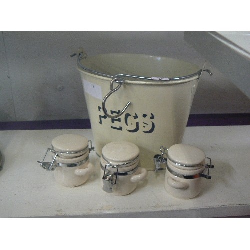 78 - ENAMEL PEG BUCKET AND 3 TINY CANNISTERS WITH CLIP-LIDS.