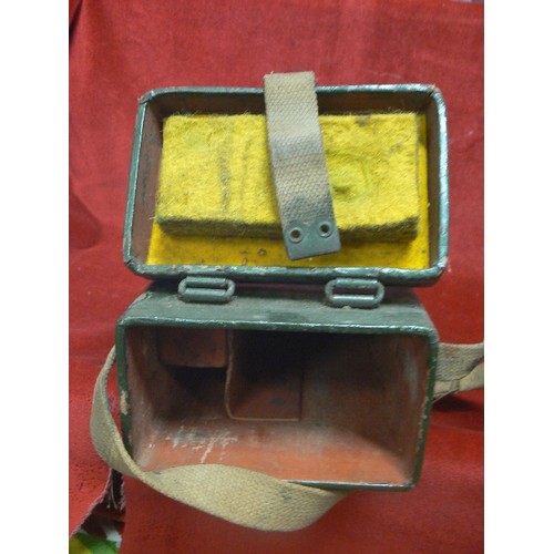 82 - VINTAGE MILITARY BOX,POSSIBLY TO HOLD A GUN-SIGHT.  WITH WEBBING STRAPS. DARK GREEN WITH CODE  'WLH/... 