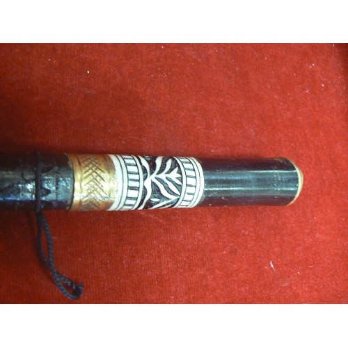 87 - VINTAGE SWORD STICK, EBONISED WITH BRASS AND ETCHED BONE HANDLE. BRASS TIP AND POINT.