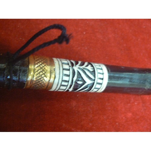 87 - VINTAGE SWORD STICK, EBONISED WITH BRASS AND ETCHED BONE HANDLE. BRASS TIP AND POINT.