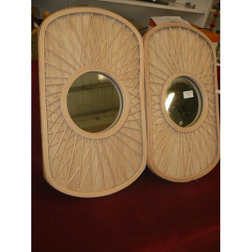 95 - PAIR OF SMALL CIRCULAR WALL MIRRORS. WITH UNUSUAL CANEWORK FRAMES.