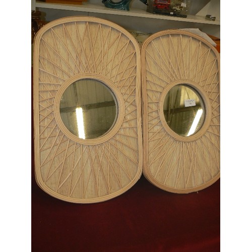 95 - PAIR OF SMALL CIRCULAR WALL MIRRORS. WITH UNUSUAL CANEWORK FRAMES.