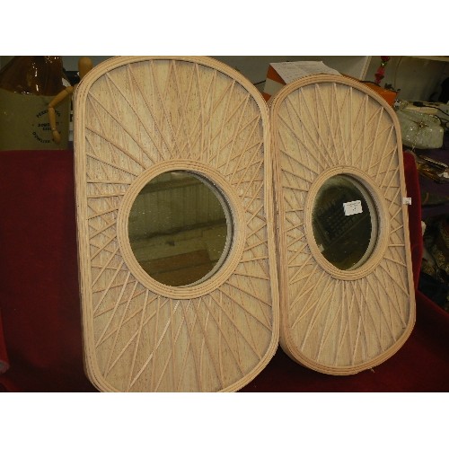 95 - PAIR OF SMALL CIRCULAR WALL MIRRORS. WITH UNUSUAL CANEWORK FRAMES.