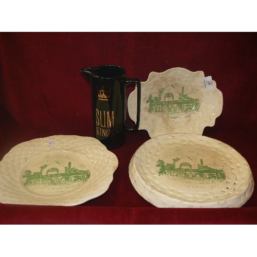 100 - ROY'S BAKERY ADVERTISING WARE, X 3 BASKET-STYLE CHINA ITEMS. PLUS A BLACK SLIM KINGS BAR JUG.