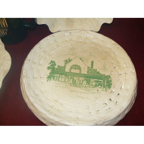 100 - ROY'S BAKERY ADVERTISING WARE, X 3 BASKET-STYLE CHINA ITEMS. PLUS A BLACK SLIM KINGS BAR JUG.