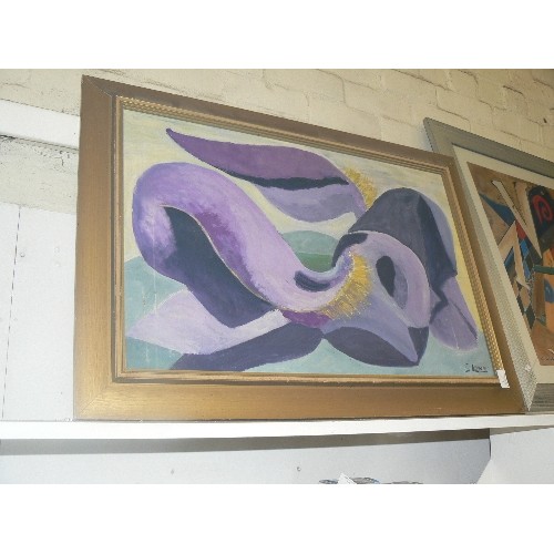 70 - FRAMED ABSTRACT CANVAS BY G.LOWE. PURPLES AND LILACS.