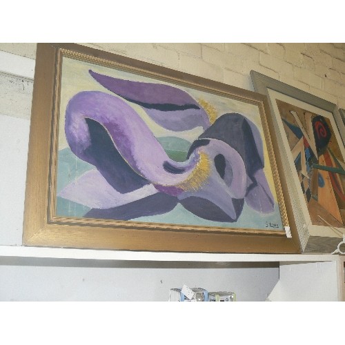 70 - FRAMED ABSTRACT CANVAS BY G.LOWE. PURPLES AND LILACS.