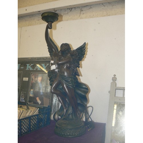 103 - LARGE & IMPOSING GRECIAN-STYLE LAMP BASE. SEMI-NUDES WITH WINGS. CARRYING A TORCH WHICH IS THE BULB-... 