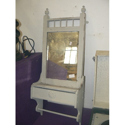 104 - VINTAGE WALL VANITY MIRROR, BEVELLED, WITH LIDDED COMPARTMENT, AND TOWEL RAIL UNDER. PAINTED GREY