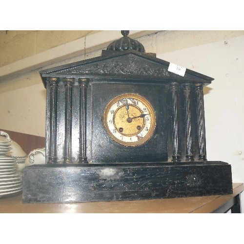 138 - MAUTHE 19TH CENTURY MANTLE CLOCK WITH COLUMNS & PEDIMENT. GERMAN MOVEMENT MARKED FMS. THE FACE IS DA... 