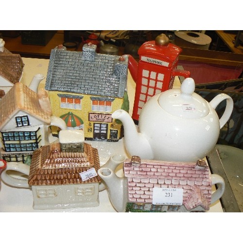 231 - NOVELTY TEAPOT COLLECTION X 10 INCLUDES TELEPHONE BOX, CURIOSITY SHOP ETC