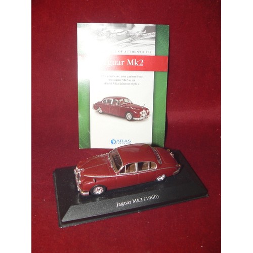 337 - JAGUAR MK2[1960] DIE-CAST SCALE MODEL BY ATLAS EDITIONS. WITH CERT OF AUTH. (WING MIRROR MISSING)