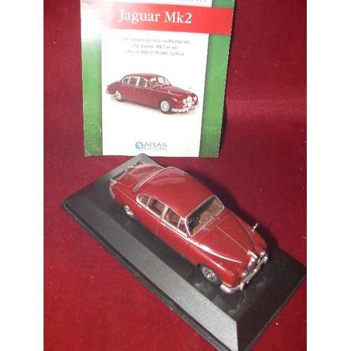 337 - JAGUAR MK2[1960] DIE-CAST SCALE MODEL BY ATLAS EDITIONS. WITH CERT OF AUTH. (WING MIRROR MISSING)