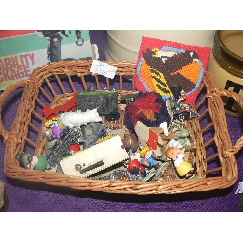 129 - BASKET OF MIXED MINIATURES, INC WHIMSIES, VINTAGE WOODEN BAND MEMBERS, TRAIN ENGINE, STEAM ENGINE ET... 