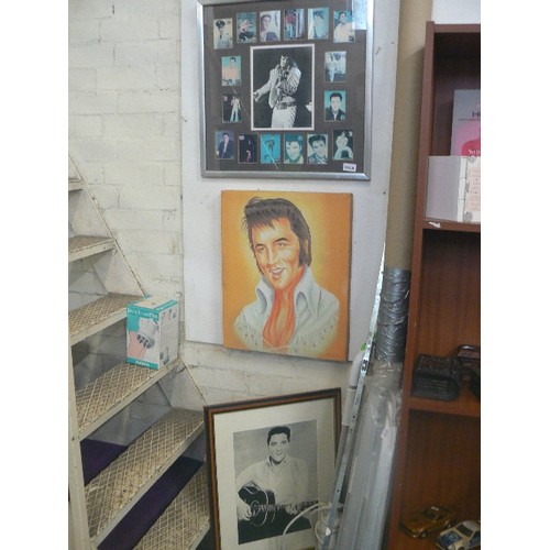 156A - AN ELVIS PRESLEY CANVAS BY BILL TIPTON, AND A COLLAGE FRAME WITH 17 ELVIS IMAGES, & A BLACK & WHITE ... 