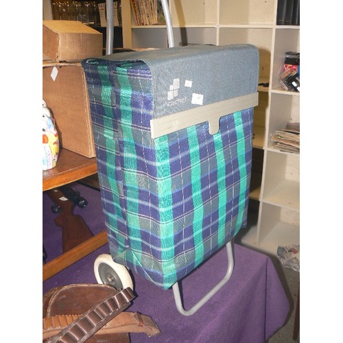 207 - CACHET SHOPPING TROLLEY IN TARTAN ON WHEELS TO INCLUDE CONTENTS OF TRADITIONAL CUT  FLOOR BOARD NAIL... 