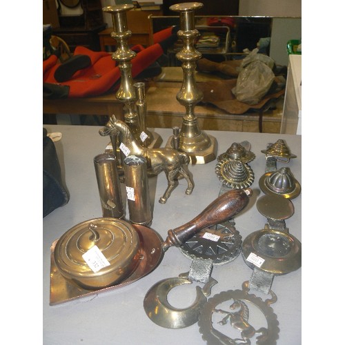 332 - VINTAGE BRASSWARE, INC 2 CANDLESTICKS, 2 SHELL CASES, HORSES, AND HORSE BRASSES ETC ETC.