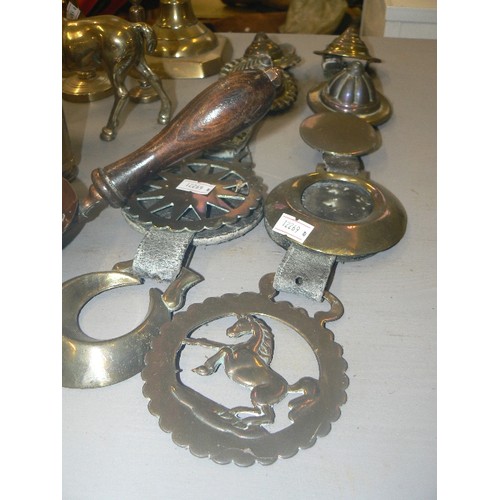 332 - VINTAGE BRASSWARE, INC 2 CANDLESTICKS, 2 SHELL CASES, HORSES, AND HORSE BRASSES ETC ETC.