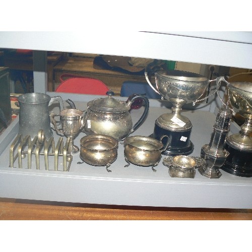 333 - SELECTION OF SILVER-PLATE WARE, INC TROPHIES ON PLINTHS, TEA-SET, SUGAR SHAKER, TOAST RACK & PEWTER ... 