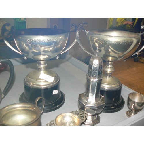 333 - SELECTION OF SILVER-PLATE WARE, INC TROPHIES ON PLINTHS, TEA-SET, SUGAR SHAKER, TOAST RACK & PEWTER ... 