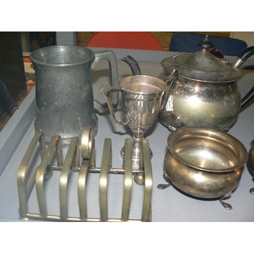 333 - SELECTION OF SILVER-PLATE WARE, INC TROPHIES ON PLINTHS, TEA-SET, SUGAR SHAKER, TOAST RACK & PEWTER ... 