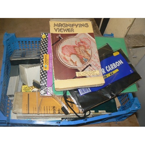 339 - TRAY OF STATIONARY ITEMS, INC MAGNIFY VIEWER, CARBON PAPER, CRAFT CARD, PAPER CLIPS ETC ETC.