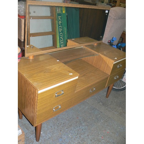 398 - RETRO DRESSING TABLE CHEST. FORMICA, WITH DOUBLE PEDESTAL WITH CENTRAL DRAWER, AND FULL WIDTH MIRROR... 