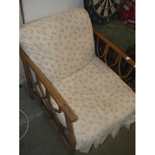 403 - CANE CONSERVATORY CHAIR. WIDE SEAT. AND LARGE CUSHION PADS.