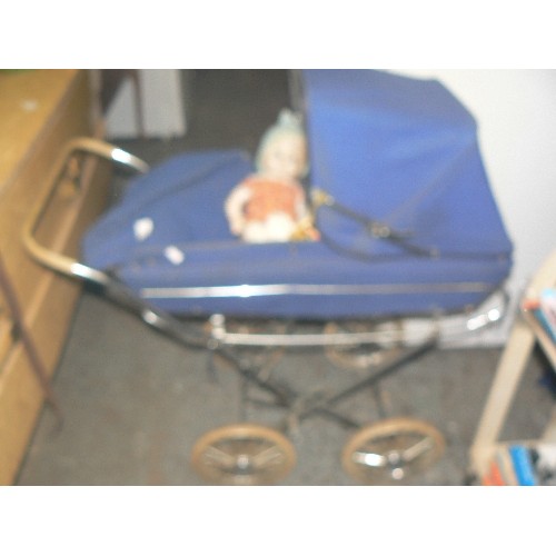 355 - RETRO 1970'S DOLL'S PRAM WITH DOLL, AND MOTHERCARE RATTLE. WHEELS DETACH FROM BODY