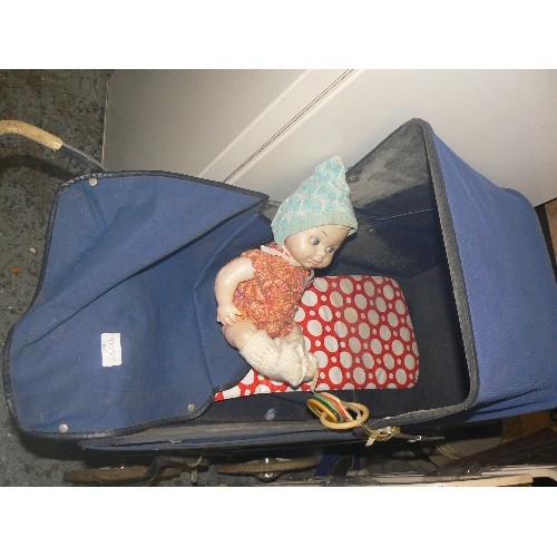 355 - RETRO 1970'S DOLL'S PRAM WITH DOLL, AND MOTHERCARE RATTLE. WHEELS DETACH FROM BODY