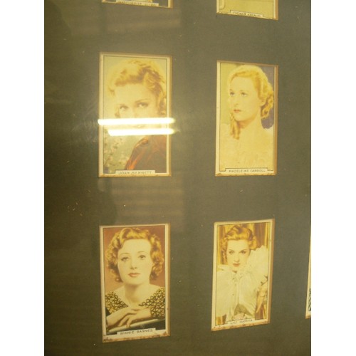 380 - CIGARETE CARDS IN LARGE GLAZED FRAME 'GALLAGHERS PORTRAITS OF FAMOUS STARS'.