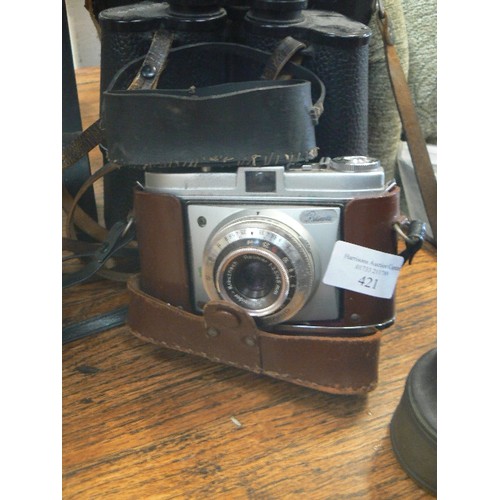 421 - LARGE VINTAGE USSR-MADE BINOCULARS WITH CASE, A SMALL SET OF NESHETTI BINOCULARS, AND KODAK RETINETT... 