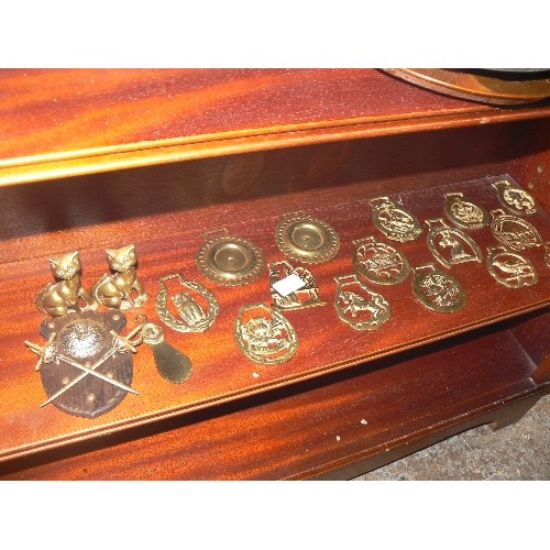 432 - 15 VINTAGE HORSE BRASSES AND A PAIR OF SIAMESE CATS.