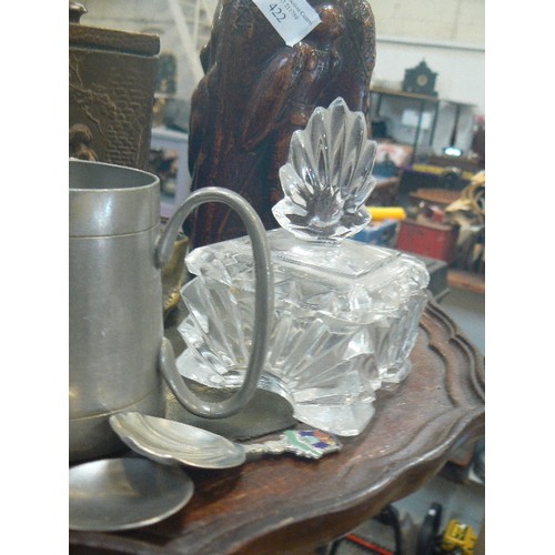 422 - VINTAGE BRIC-A-BRAC, ART DECO GLASSWARE, TEA CADDY, BRASS HORSES & SOUVENIR SPOONS.