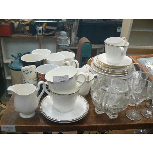 415 - MIXED CROCKERY, PADDED LAP TRAY, MUGS, GLASSWARE ETC