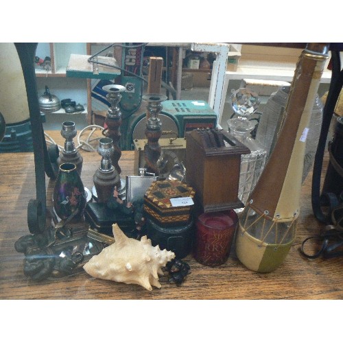 424 - COLLECTION OF MIXED VINTAGE, INC CANDLESTICKS, LIDDED POTS, CARRIAGE CLOCK, DECANTER ETC.