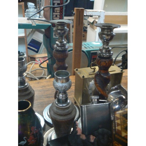 424 - COLLECTION OF MIXED VINTAGE, INC CANDLESTICKS, LIDDED POTS, CARRIAGE CLOCK, DECANTER ETC.