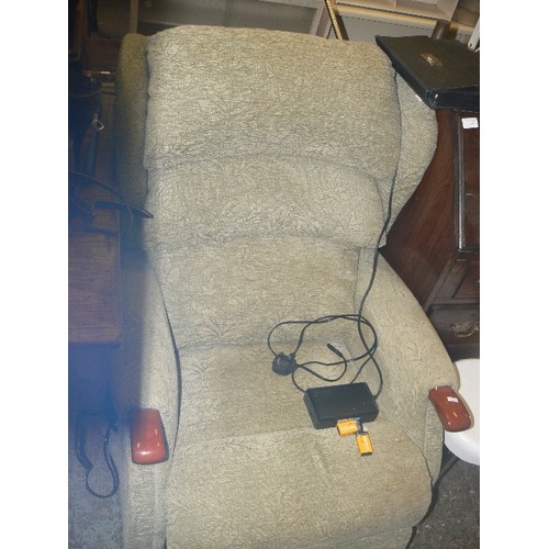 420 - MECHANICAL RECLINING CHAIR IN SAGE GREEN EMBOSSED DRALON. GOOD CLEAN CONDITION.