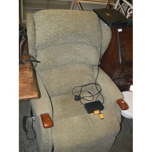 420 - MECHANICAL RECLINING CHAIR IN SAGE GREEN EMBOSSED DRALON. GOOD CLEAN CONDITION.