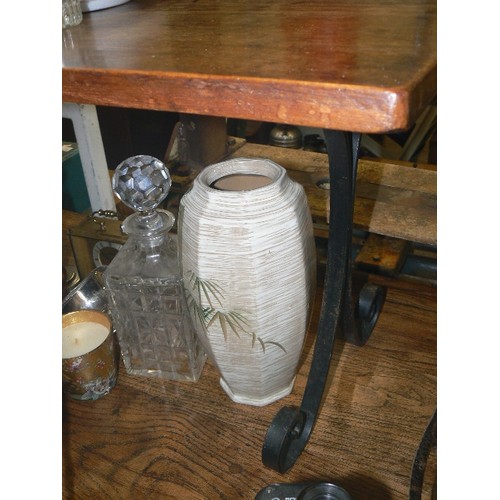 419 - SMALL WOODEN TABLE ON WROUGHT IRON LEGS.