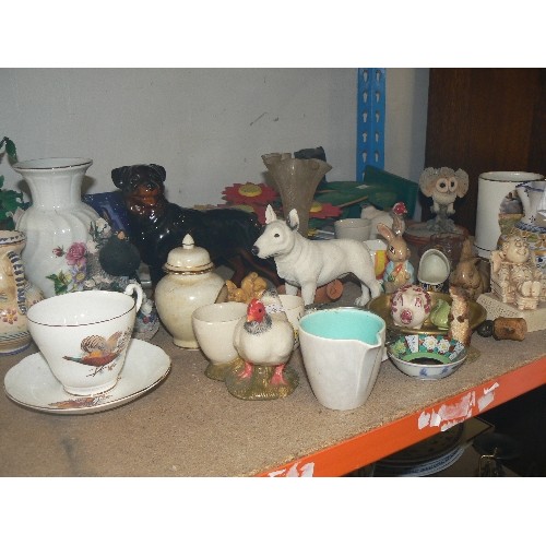 LARGE SHELF OF COLLECTABLES, BRICABRAC, DOG FIGURES, CHICKENS.