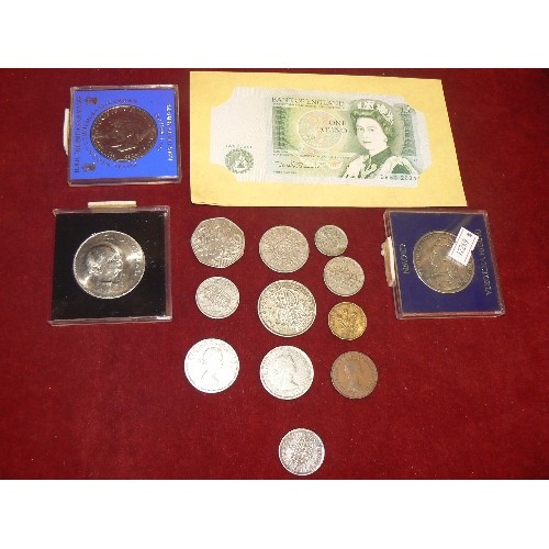 41 - QUEEN VICTORIA SILVER CROWN 1889 PLUS OTHER COINS AND A 1 POUND NOTE SOME SILVER IN OTHER COINS