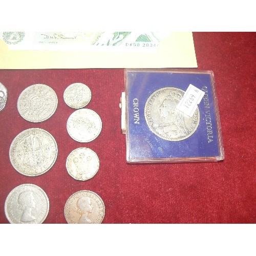 41 - QUEEN VICTORIA SILVER CROWN 1889 PLUS OTHER COINS AND A 1 POUND NOTE SOME SILVER IN OTHER COINS