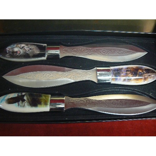 43 - SET OF 3 THROWING KNIVES,  AMERICAN,  ALL WITH WILD LIFE ON THE HANDLES