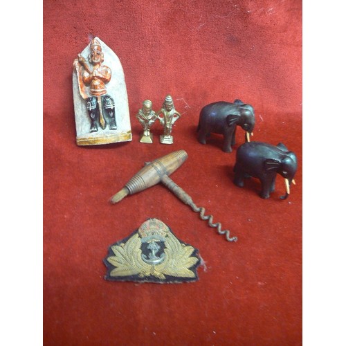 37 - BOX OF MIXED ITEM ANTIQUES CORK SCREW WITH BRUSH 2 ELEPHANTS,  CAPTIANS CAP BADGE,  STONE CARVING IN... 